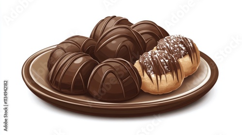 Delicious platter of chocolate-covered profiteroles and truffles arranged on a creamy plate for dessert lovers and culinary enthusiasts