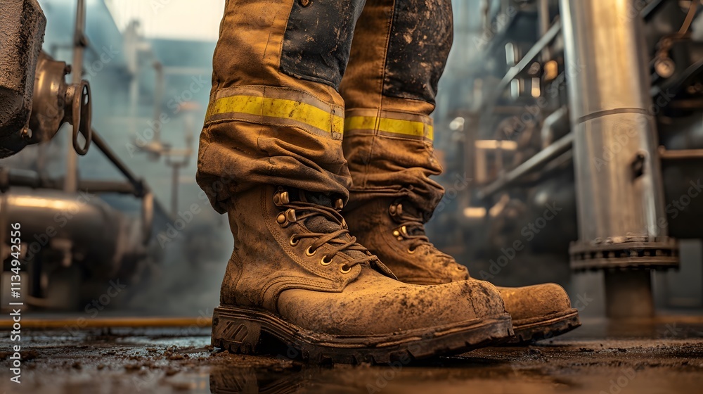 Rugged firefighter boots and dusty pant legs, machinery and pipes in background. Rugged firefighter boots and dusty pant legs, machinery and pipes in background.