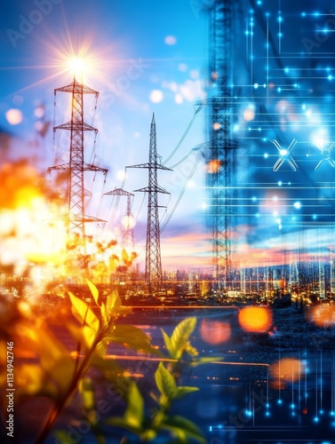 Smart Grid Energy Transmission - Power lines, technology, nature, cityscape, renewable energy.  Symbolizes progress, sustainability, innovation, connection, and growth. photo