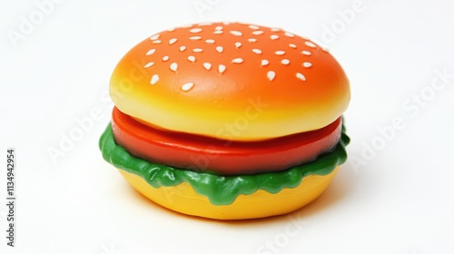 Wallpaper Mural Colorful plastic toy hamburger with sesame seed bun and vibrant toppings for children's play and educational purposes. Torontodigital.ca