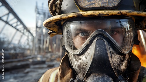 Rugged firefighter mask, scratches on lens, industrial backdrop with metal structures.