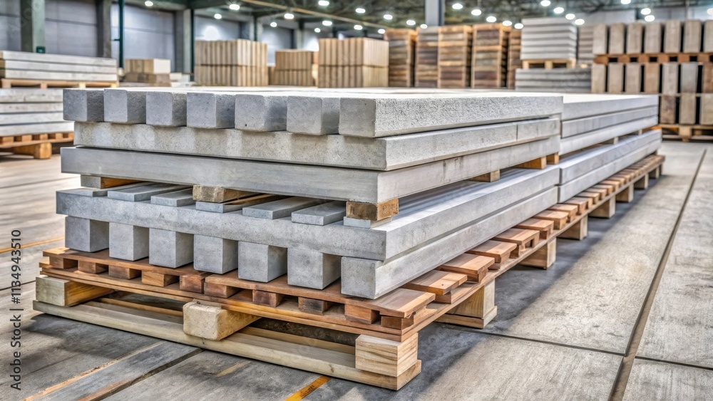 Concrete Slabs Stacked on Wooden Pallets in a Warehouse Concrete Slabs Stacked on Wooden Pallets in a Warehouse