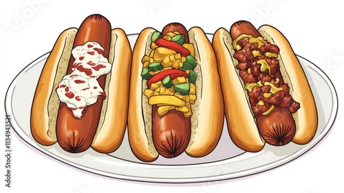 Plate of three gourmet hot dogs topped with diverse fillings and sauces ready to serve for a delicious summer barbecue feast