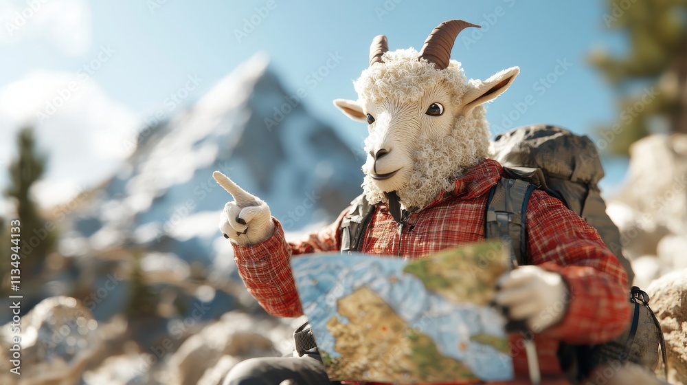 Adventurous goat explorer navigating mountain trails outdoor setting whimsical art concept scenic viewpoint Adventurous goat explorer navigating mountain trails outdoor setting whimsical art concept scenic viewpoint