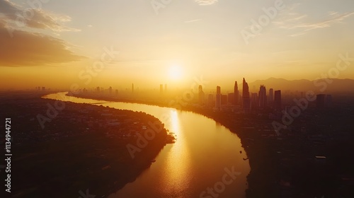 Golden Sunset Over City Skyline River View photo