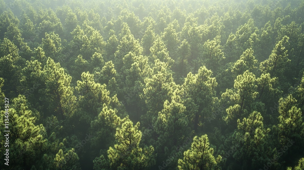 Fototapeta premium Birds eye view of thick forest during autumn sunrise with fog.