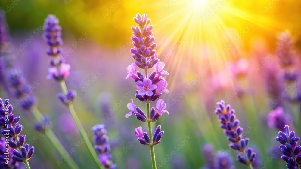 Obraz premium A single lavender blossom basking in the golden glow of the afternoon sun, its purple petals catching the light and radiating a sense of tranquility and peace.