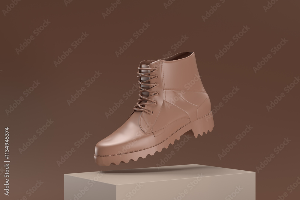 A shoe is shown in a 3D rendering, with a brown color and a brown background A shoe is shown in a 3D rendering, with a brown color and a brown background