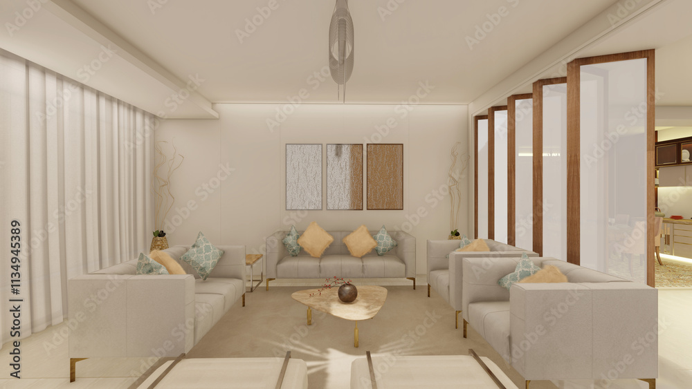 Fototapeta premium Contemporary 3D Render of a Spacious Living Room Interior
