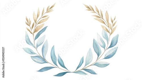 Geometric blue eucalyptus wreath with golden accents elegant botanical design for wedding invitations stationery and greeting cards embellishments