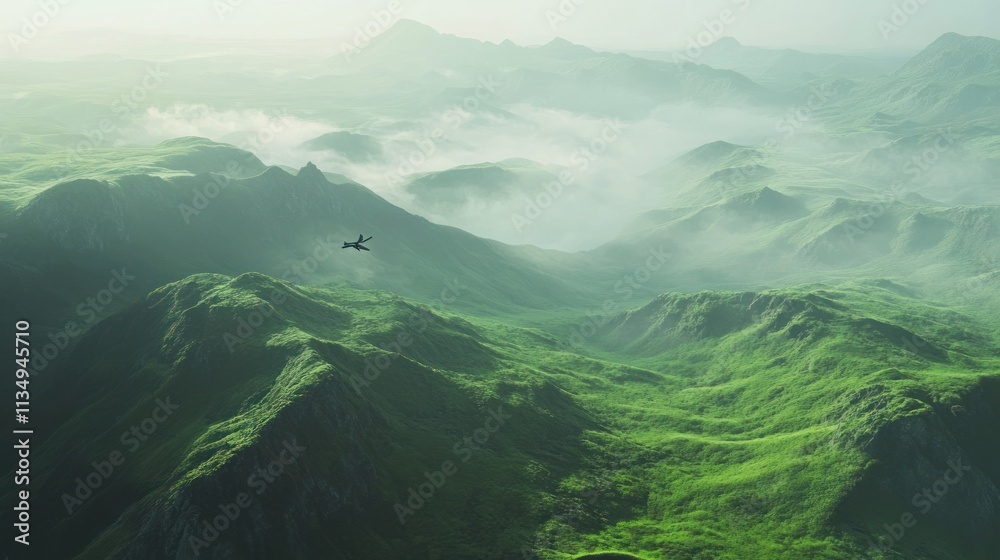 Bird flying over misty green mountains. Bird flying over misty green mountains.