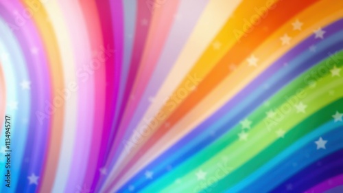 A vibrant rainbow background with blurred stripes and a subtle sprinkling of white stars.