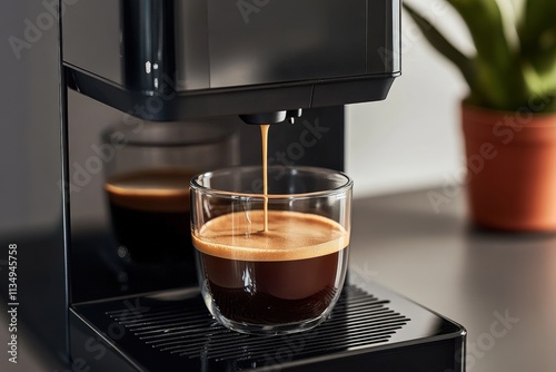 Espresso coffee poured into an elegant cup, minimalist design