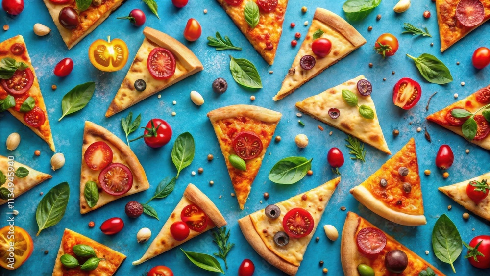 A vibrant blue background with a mix of fresh and savory ingredients, including pizza slices topped with melted cheese and fresh tomatoes. A tempting visual of a colorful culinary masterpiece. A vibrant blue background with a mix of fresh and savory ingredients, including pizza slices topped with melted cheese and fresh tomatoes. A tempting visual of a colorful culinary masterpiece.