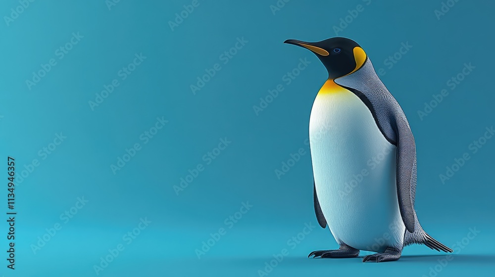 Fototapeta premium King penguin standing gracefully against a vibrant blue backdrop showcasing its distinctive features and colors
