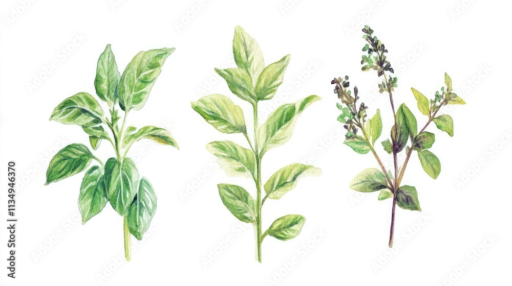 Obraz premium Watercolor illustration featuring hand-drawn sweet basil branches, showcasing vibrant green leaves, highlighting its role as a healthy herb and spice for culinary use, food, natural ingredients, botan