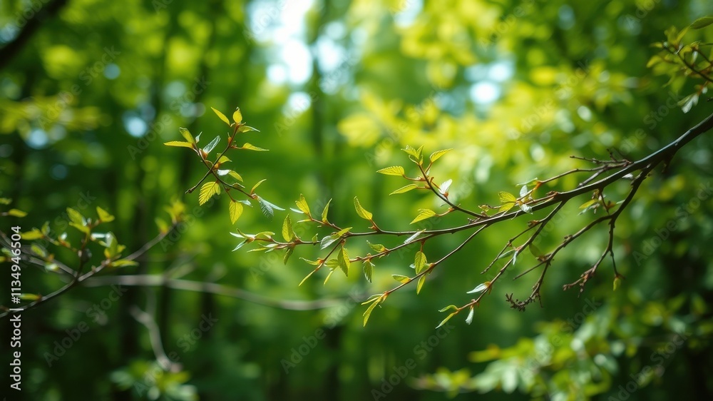 A delicate branch with vibrant new leaves emerging amidst a backdrop of lush greenery in a forest setting. A delicate branch with vibrant new leaves emerging amidst a backdrop of lush greenery in a forest setting.