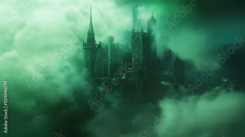 Mysterious green fog enveloping a gothic castle shrouded in mystical ambiance evoking a sense of enchantment and intrigue