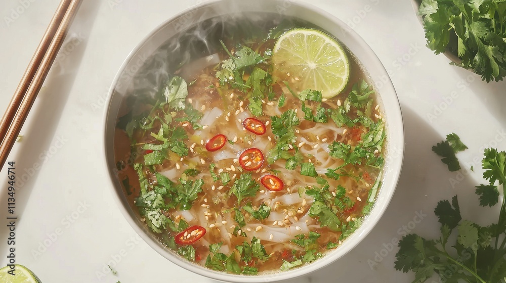 Authentic vietnamese pho dish local restaurant food cozy environment top-down view culinary experience Authentic vietnamese pho dish local restaurant food cozy environment top-down view culinary experience
