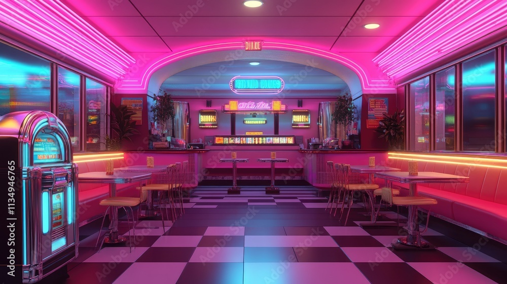 Retro diner interior with neon lights, jukebox, and checkered floor. Retro diner interior with neon lights, jukebox, and checkered floor.