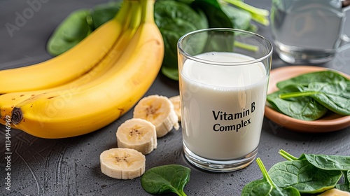 A refreshing glass of vitamin B complex milk surrounded by fresh spinach and ripe bananas, highlighting a healthy lifestyle.