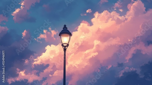 Street Light Pole Illuminated Against a Stunning Sunset Sky with Colorful Clouds photo