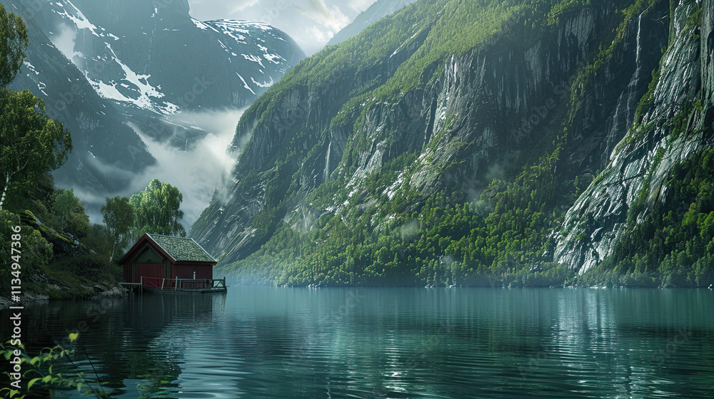 Fototapeta premium An idyllic Norwegian fjord with steep green cliffs