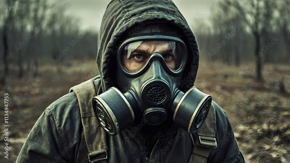 Stalker with gas mask in radioactive zone Stalker with gas mask in radioactive zone