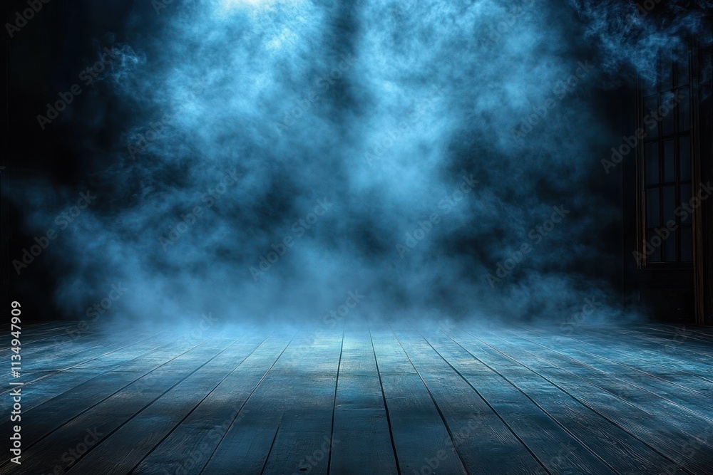 Dark Blue Foggy Room with Wooden Floor Surreal Halloween Background Deep Shadows Mystery Dark Blue Foggy Room with Wooden Floor Surreal Halloween Background Deep Shadows Mystery