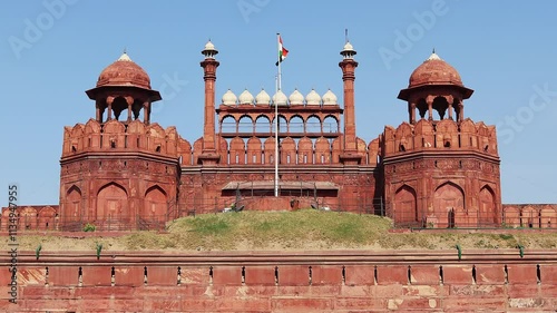 Very beautiful scenery of the Red Fort with swaying indian flag, Delhi, India