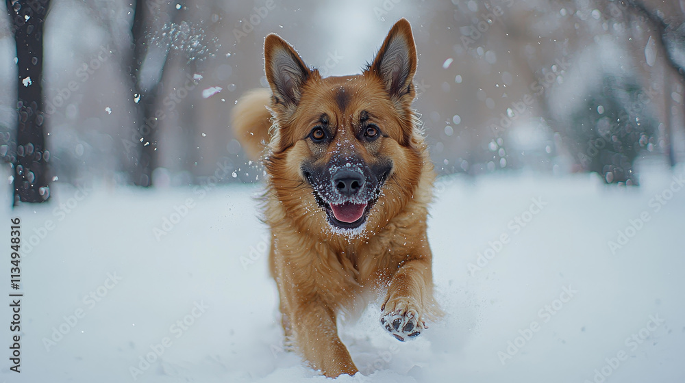 happy dog running through snow in park, enjoying winter weather. playful expression and snowy surroundings create joyful atmosphere happy dog running through snow in park, enjoying winter weather. playful expression and snowy surroundings create joyful atmosphere