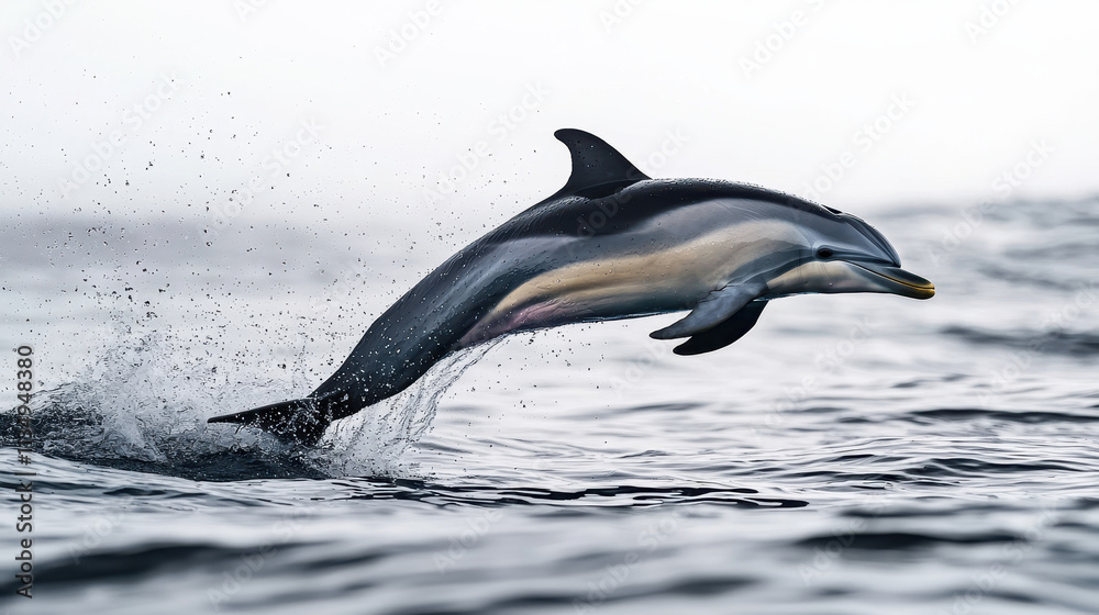 Fototapeta premium Dolphin jumping out of ocean, creating splashes, showcasing agility and grace. This stunning moment captures beauty of marine life in its natural habitat