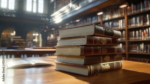 Books on Open Table in Library, Academic Education, Learning Concept

 photo