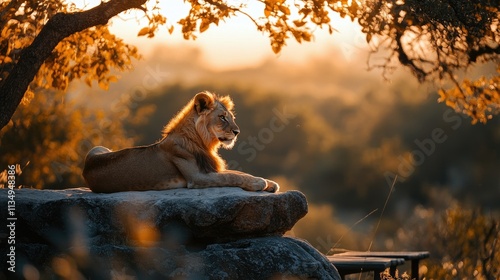 Young lion rests on rock at sunset, golden light illuminates its fur and the savanna landscape. photo