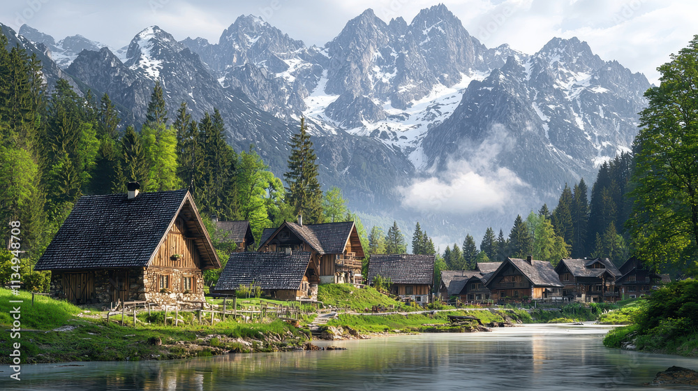 serene mountain village in Alps, surrounded by lush greenery and majestic peaks. tranquil river reflects stunning landscape, creating picturesque scene serene mountain village in Alps, surrounded by lush greenery and majestic peaks. tranquil river reflects stunning landscape, creating picturesque scene
