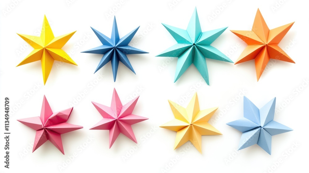 Obraz premium Colorful origami paper stars arranged in a grid on a clean white background emphasizing creativity and decorative design elements