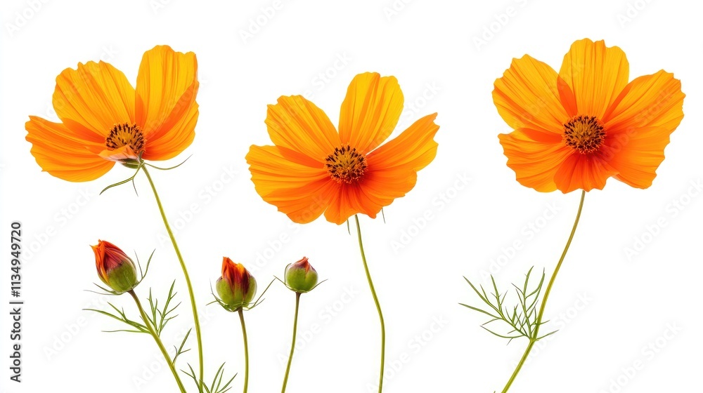 Obraz premium Vibrant orange cosmos flowers arranged artistically on a bright white background showcasing their natural beauty and intricate details