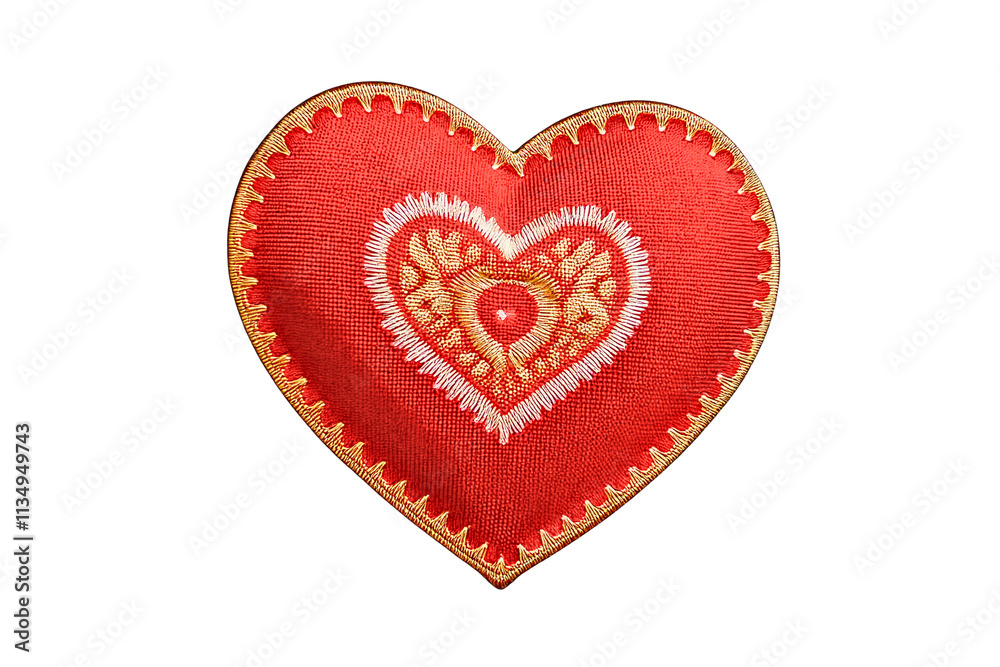 Intricate red embroidered heart patch with decorative stitching design Intricate red embroidered heart patch with decorative stitching design