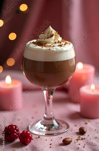 Chocolate mousse dessert. Coffee cocktail with whipped cream mocha mousse, candles and flowers in the background