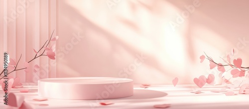 Pastel pink stage mockup with paper hearts and a round podium for cosmetic product display on a soft lit background with ample space for text