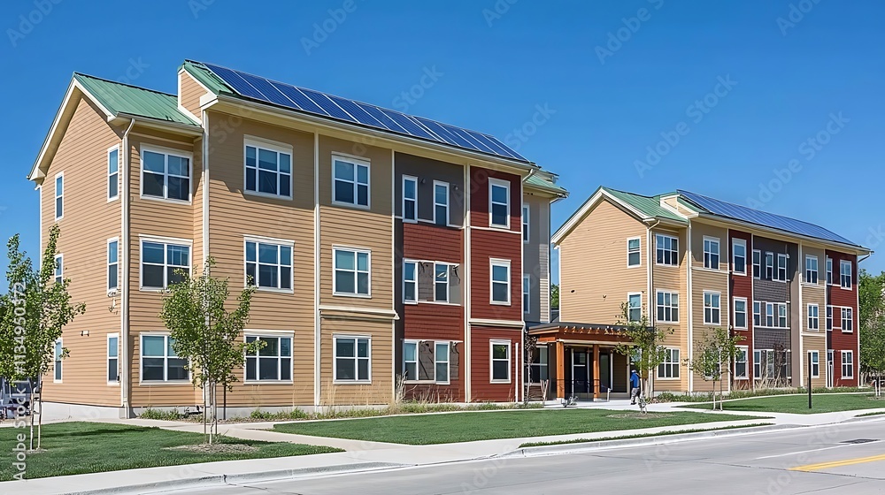 Modern apartment buildings with solar panels and green landscaping Modern apartment buildings with solar panels and green landscaping