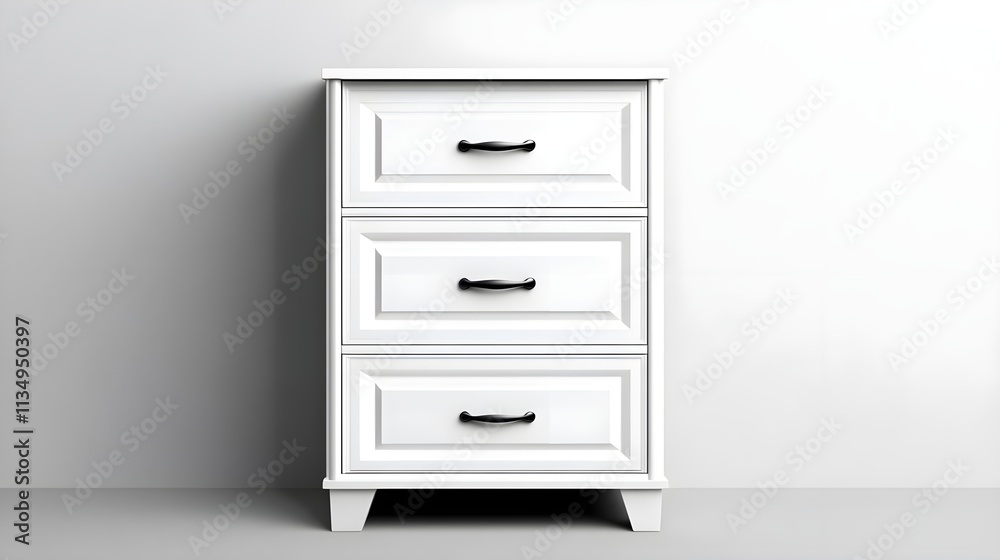 Elegant White Three-Drawer Nightstand with Black Metal Handles for Modern Bedroom Decor and Storage Solutions, Featuring a Clean and Minimalist Design Elegant White Three-Drawer Nightstand with Black Metal Handles for Modern Bedroom Decor and Storage Solutions, Featuring a Clean and Minimalist Design