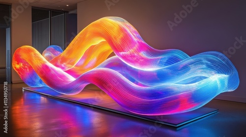 Vibrant waves of light dance in a contemporary art installation, captivating viewers with their colorful display and mesmerizing motion photo