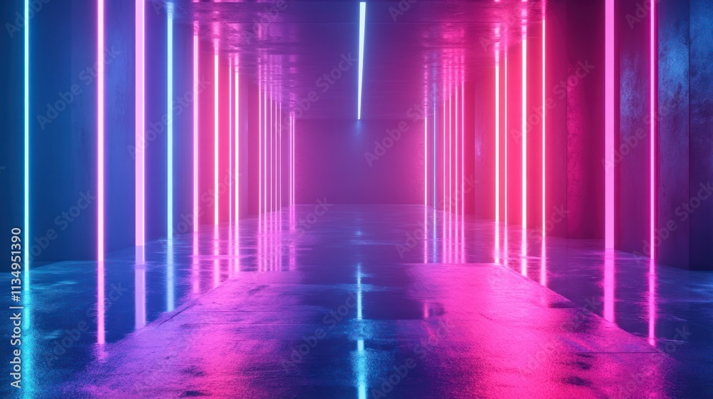 Neon lights illuminate a reflective corridor. Neon lights illuminate a reflective corridor.