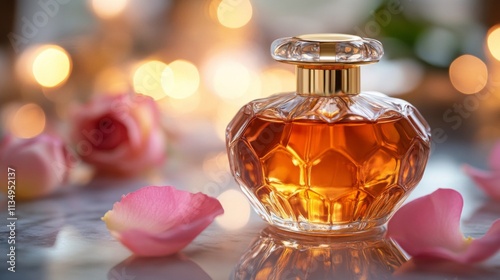 Elegant Perfume Bottle with Rose Petals and Soft Lights