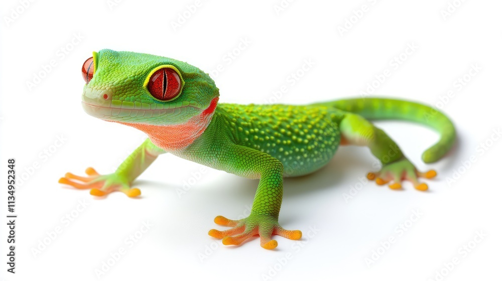 Obraz premium Vivid common gecko or Asian house lizard positioned against a clean white backdrop, featuring vibrant green body, bright red eyes, and detailed skin texture, reptiles, wildlife, close-up.