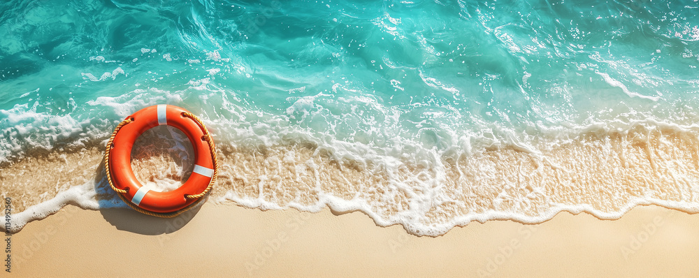 Obraz premium Summer vacations and tropical beach banner with a life preserver lying on golden sand at the edge of the sea and copy space 