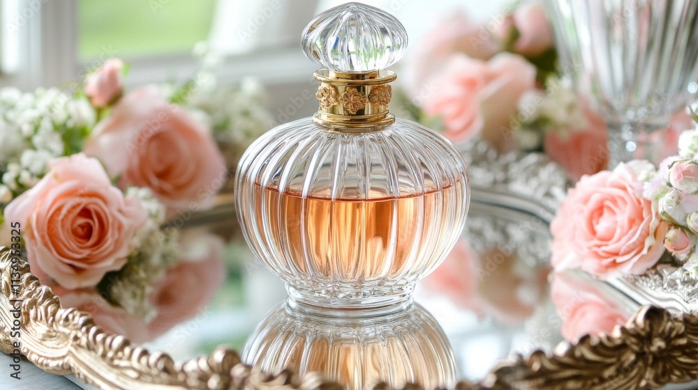 Elegant Perfume Bottle Surrounded By Roses Elegant Perfume Bottle Surrounded By Roses