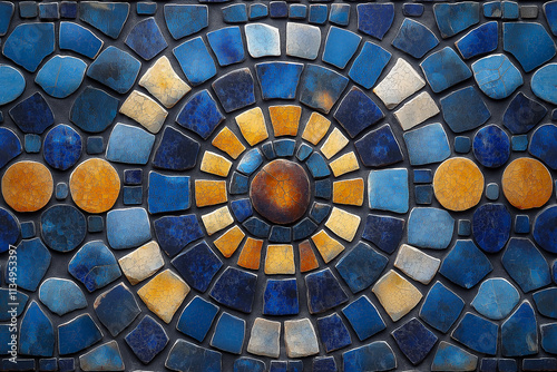 Colorful mosaic design featuring blue, orange, and white tiles in circular patterns. Generative AI