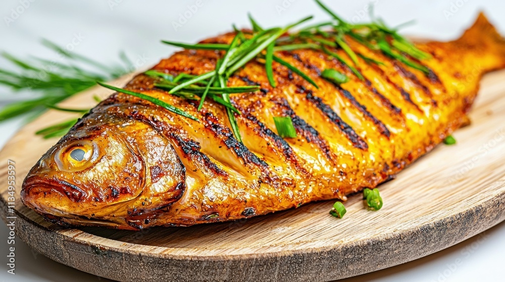 Grilled fish garnished with herbs on a wooden platter. Grilled fish garnished with herbs on a wooden platter.